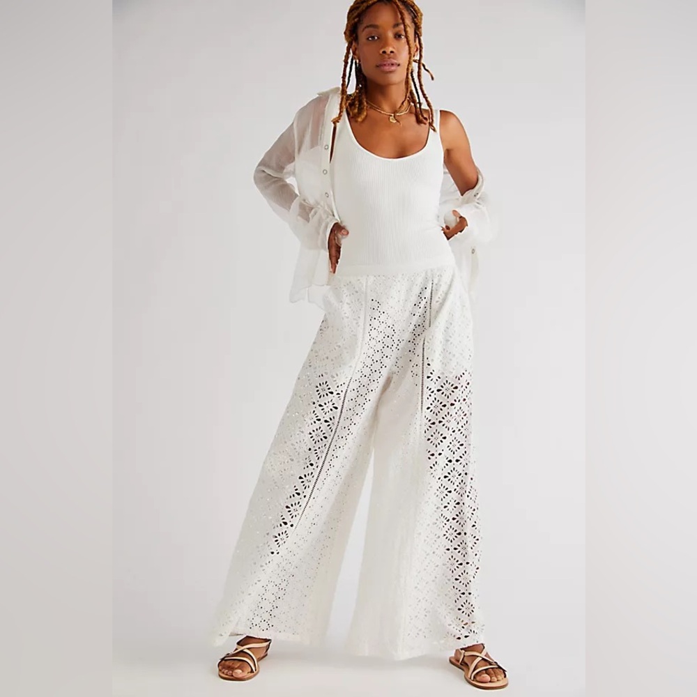 Spell Lottie White Eyelet Wide-Leg Pants